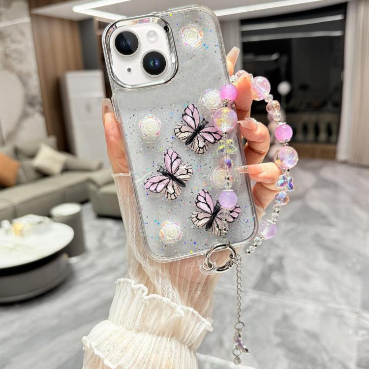 For iPhone 15 Plus Glitter 3D Butterfly Glitter Epoxy TPU Phone Case with Bracelet Chain
