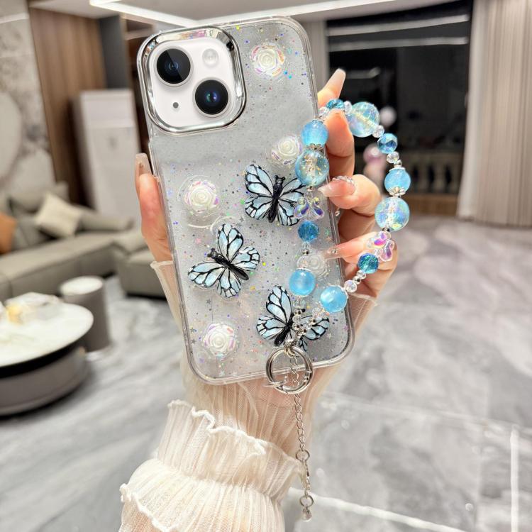 For iPhone 15 Glitter 3D Butterfly Glitter Epoxy TPU Phone Case with Bracelet Chain