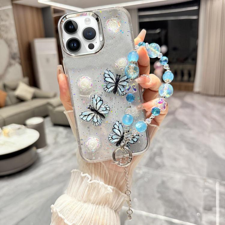 For iPhone 13 Pro Glitter 3D Butterfly Glitter Epoxy TPU Phone Case with Bracelet Chain