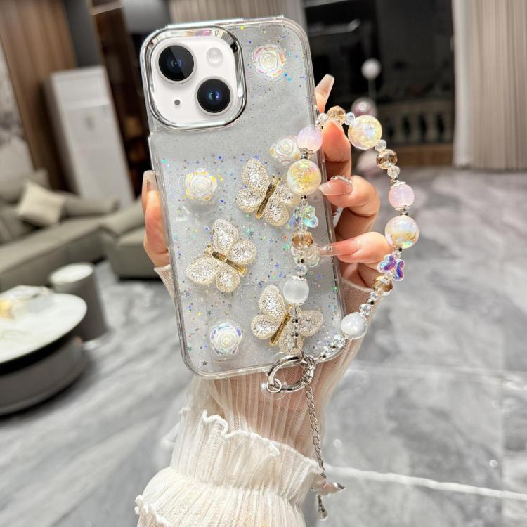 For iPhone 13 Glitter 3D Butterfly Glitter Epoxy TPU Phone Case with Bracelet Chain