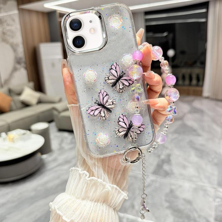 For iPhone 12 Glitter 3D Butterfly Glitter Epoxy TPU Phone Case with Bracelet Chain