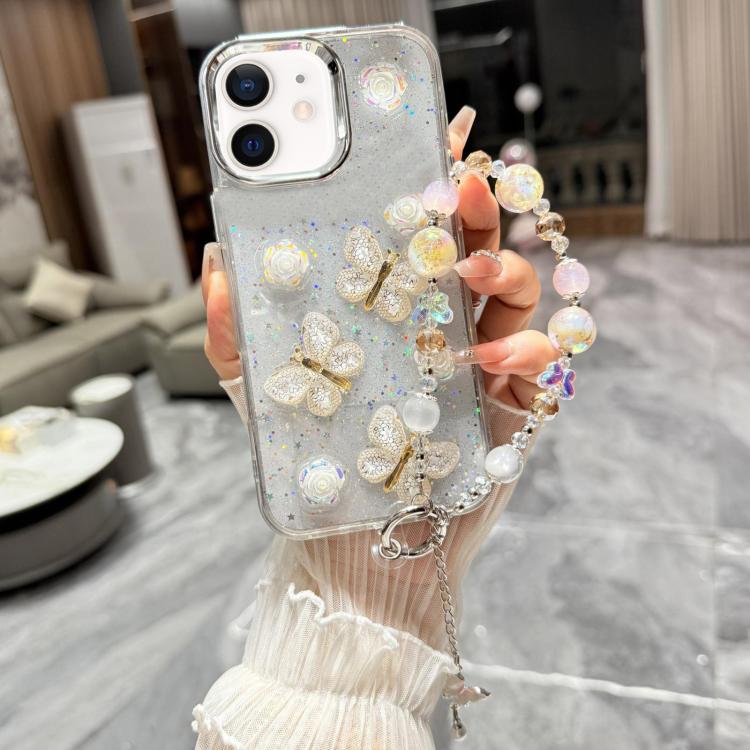For iPhone 12 Glitter 3D Butterfly Glitter Epoxy TPU Phone Case with Bracelet Chain