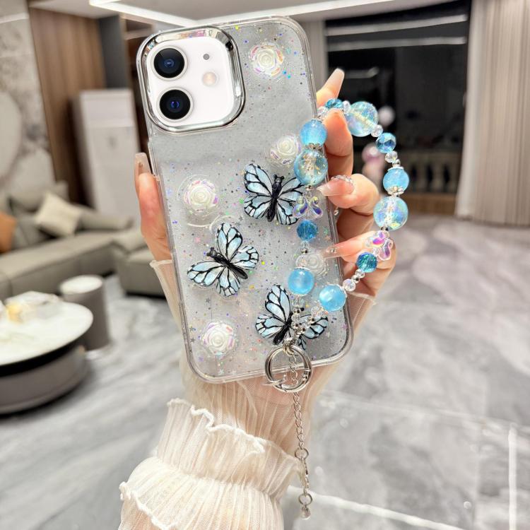 For iPhone 12 Glitter 3D Butterfly Glitter Epoxy TPU Phone Case with Bracelet Chain