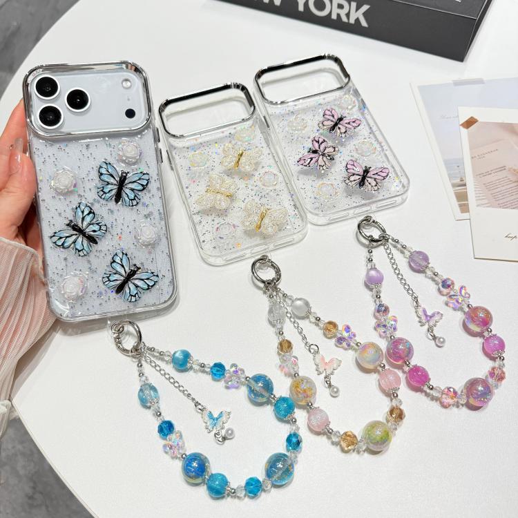 For iPhone 17 Pro Max Glitter 3D Butterfly Glitter Epoxy TPU Phone Case with Bracelet Chain