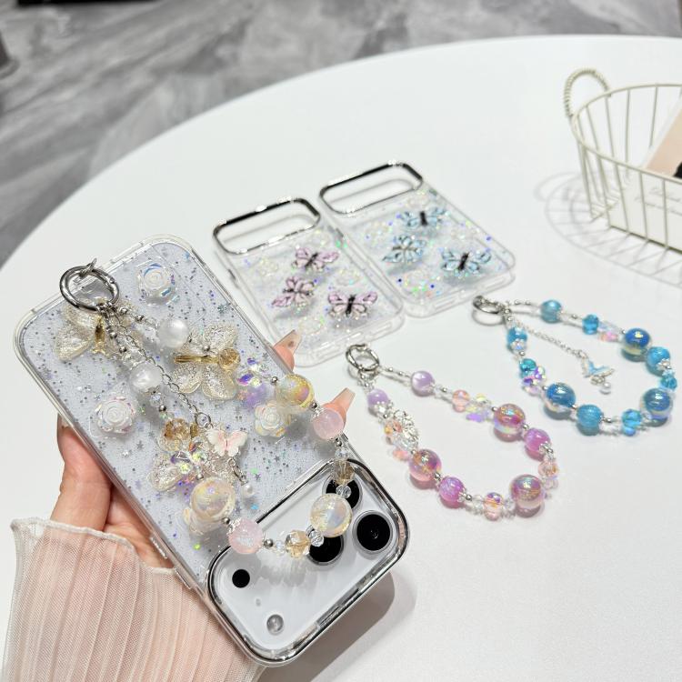 For iPhone 15 Plus Glitter 3D Butterfly Glitter Epoxy TPU Phone Case with Bracelet Chain