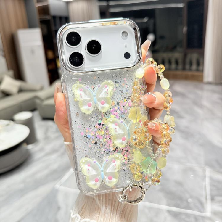 For iPhone 17 Pro Max Glitter 3D Color Butterfly Epoxy TPU Phone Case with Bracelet Chain