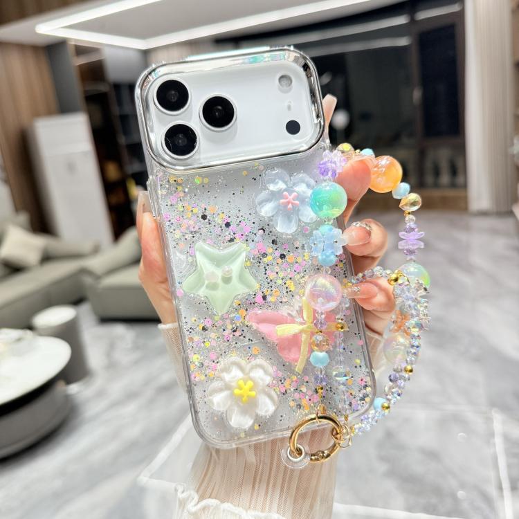 For iPhone 17 Pro Glitter 3D Color Butterfly Epoxy TPU Phone Case with Bracelet Chain