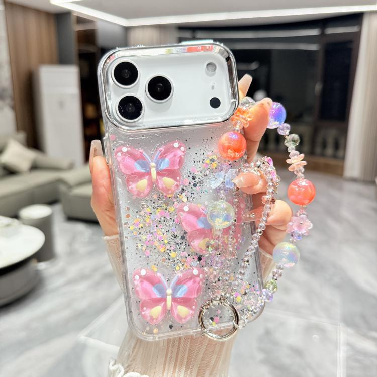 For iPhone 17 Pro Glitter 3D Color Butterfly Epoxy TPU Phone Case with Bracelet Chain