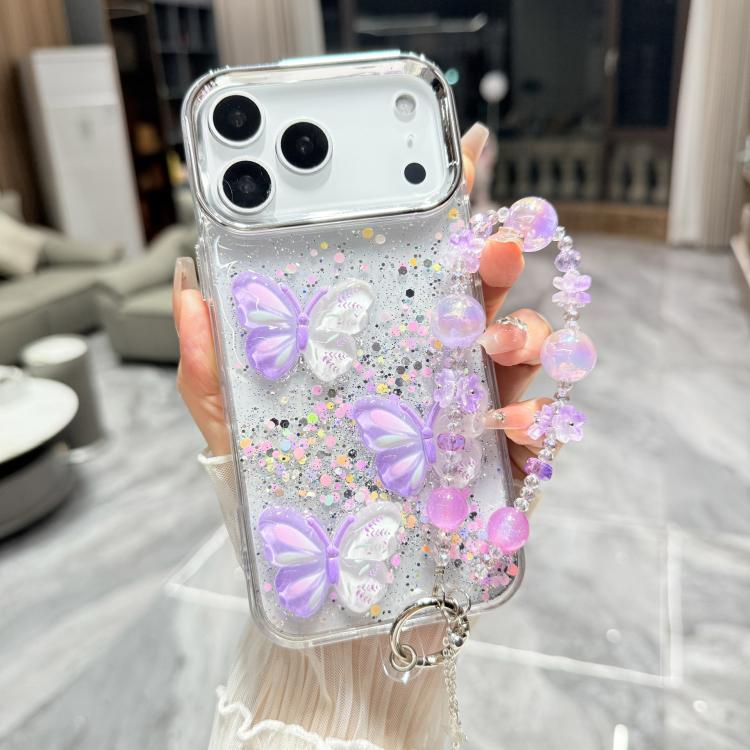 For iPhone 17 Pro Glitter 3D Color Butterfly Epoxy TPU Phone Case with Bracelet Chain