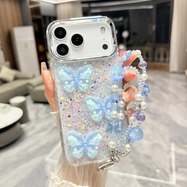 For iPhone 17 Pro Glitter 3D Color Butterfly Epoxy TPU Phone Case with Bracelet Chain
