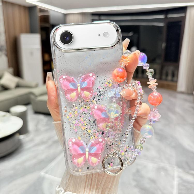 For iPhone Air Glitter 3D Color Butterfly Epoxy TPU Phone Case with Bracelet Chain