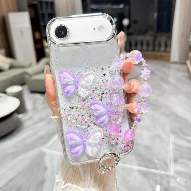 For iPhone Air Glitter 3D Color Butterfly Epoxy TPU Phone Case with Bracelet Chain
