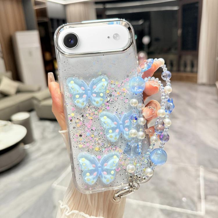 For iPhone Air Glitter 3D Color Butterfly Epoxy TPU Phone Case with Bracelet Chain