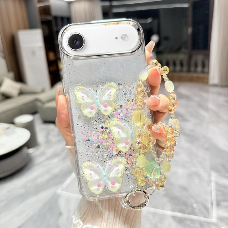 For iPhone Air Glitter 3D Color Butterfly Epoxy TPU Phone Case with Bracelet Chain