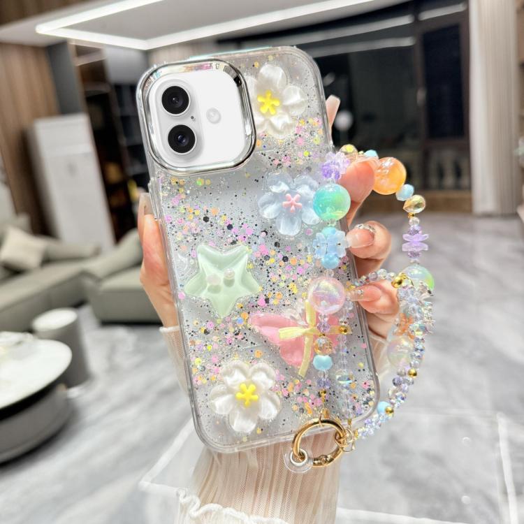 For iPhone 17 Glitter 3D Color Butterfly Epoxy TPU Phone Case with Bracelet Chain