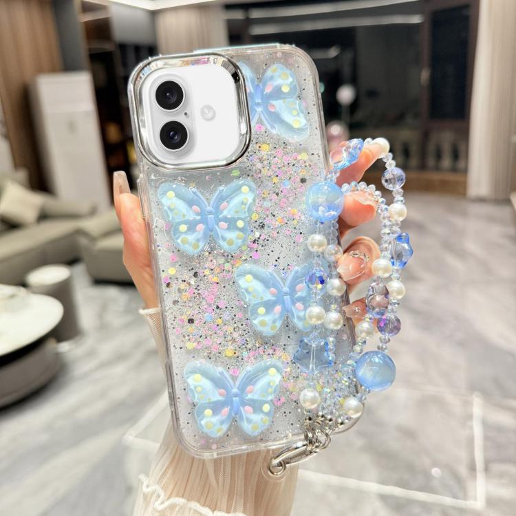 For iPhone 17 Glitter 3D Color Butterfly Epoxy TPU Phone Case with Bracelet Chain