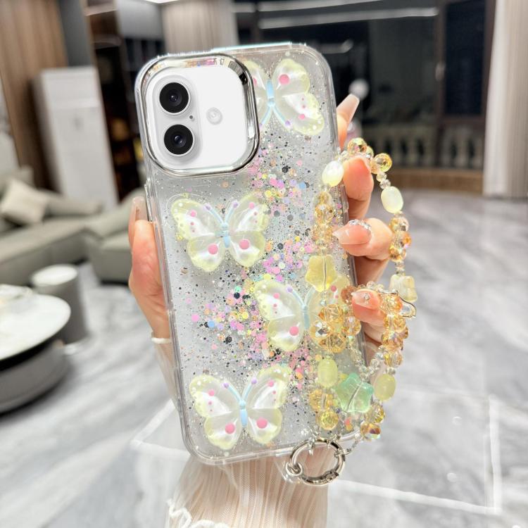 For iPhone 17 Glitter 3D Color Butterfly Epoxy TPU Phone Case with Bracelet Chain