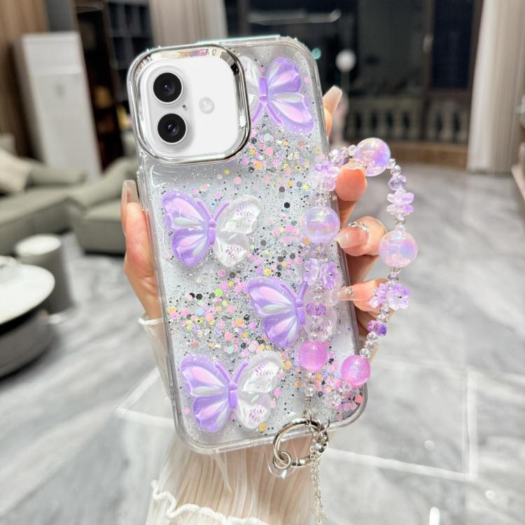 For iPhone 16 Plus Glitter 3D Color Butterfly Epoxy TPU Phone Case with Bracelet Chain