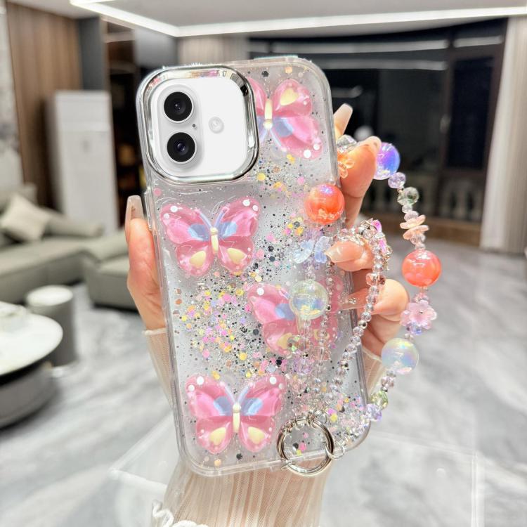 For iPhone 16 Glitter 3D Color Butterfly Epoxy TPU Phone Case with Bracelet Chain