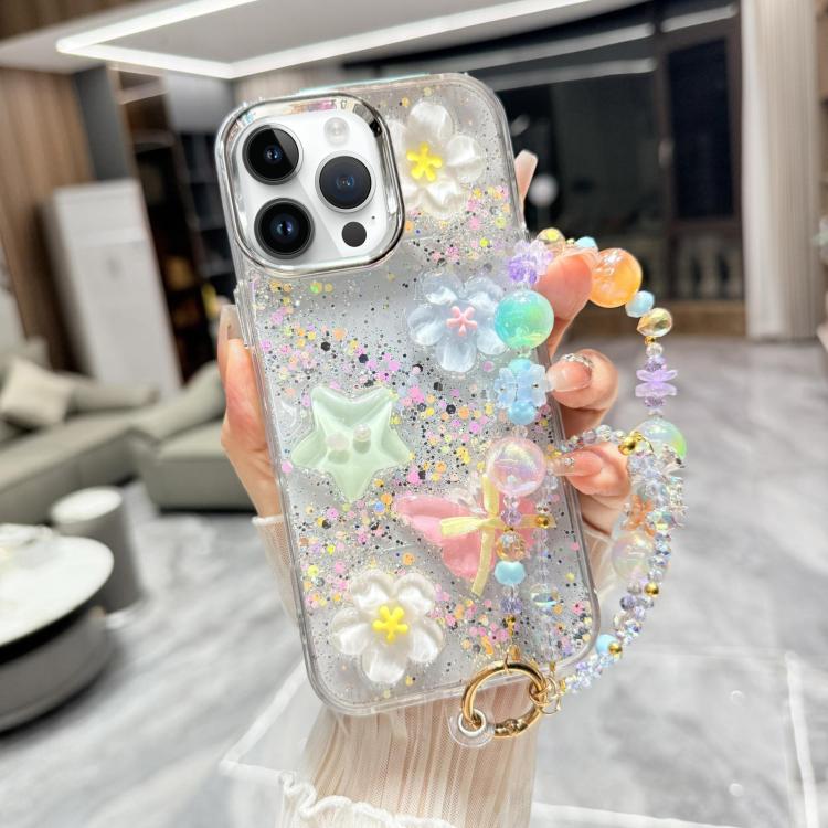 For iPhone 15 Pro Max Glitter 3D Color Butterfly Epoxy TPU Phone Case with Bracelet Chain