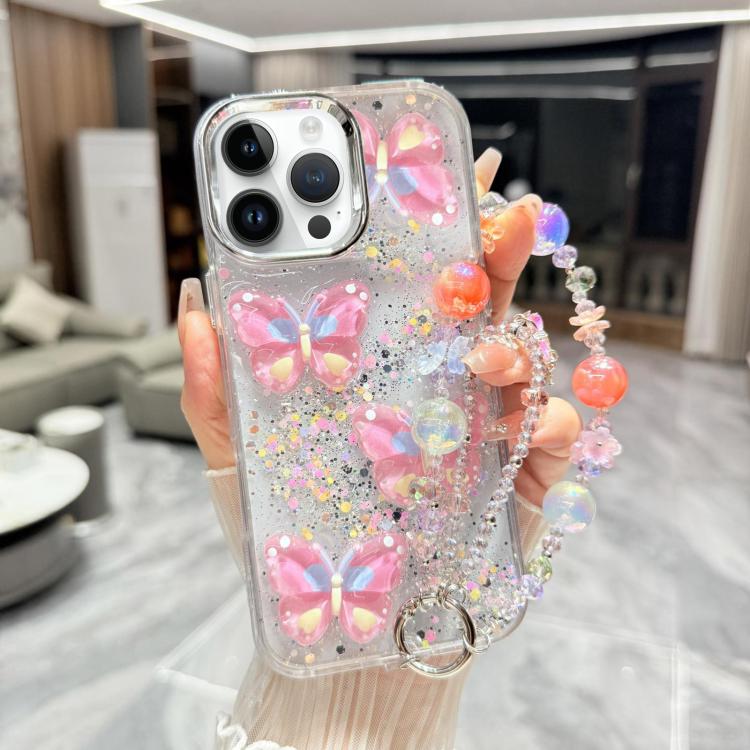For iPhone 15 Pro Max Glitter 3D Color Butterfly Epoxy TPU Phone Case with Bracelet Chain