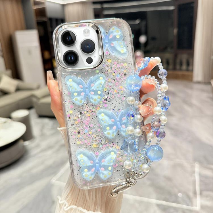 For iPhone 15 Pro Max Glitter 3D Color Butterfly Epoxy TPU Phone Case with Bracelet Chain