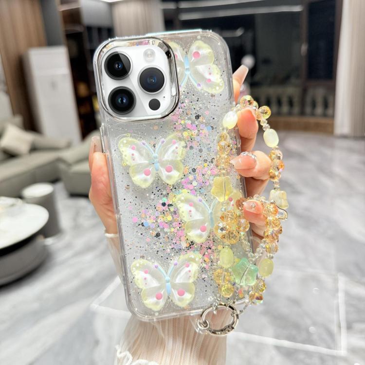 For iPhone 15 Pro Max Glitter 3D Color Butterfly Epoxy TPU Phone Case with Bracelet Chain