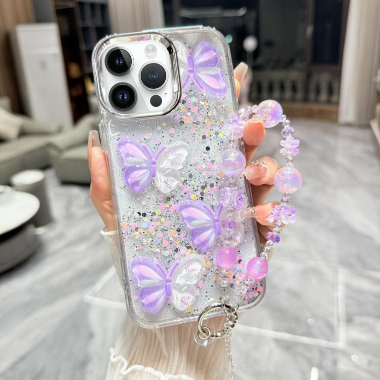 For iPhone 15 Pro Glitter 3D Color Butterfly Epoxy TPU Phone Case with Bracelet Chain