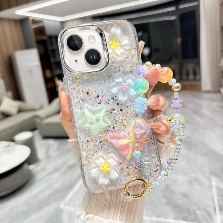For iPhone 15 Plus Glitter 3D Color Butterfly Epoxy TPU Phone Case with Bracelet Chain