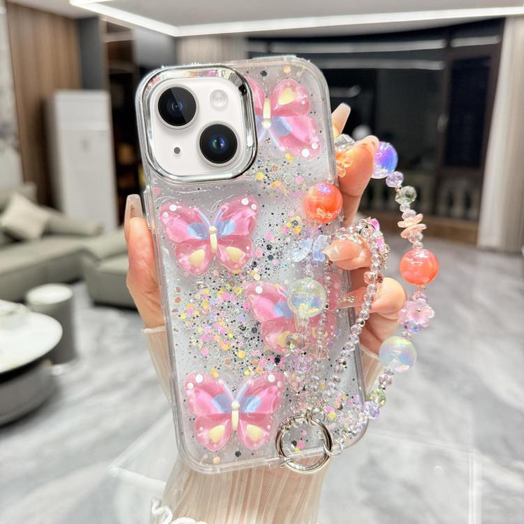 For iPhone 15 Plus Glitter 3D Color Butterfly Epoxy TPU Phone Case with Bracelet Chain