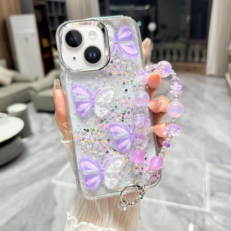 For iPhone 15 Plus Glitter 3D Color Butterfly Epoxy TPU Phone Case with Bracelet Chain
