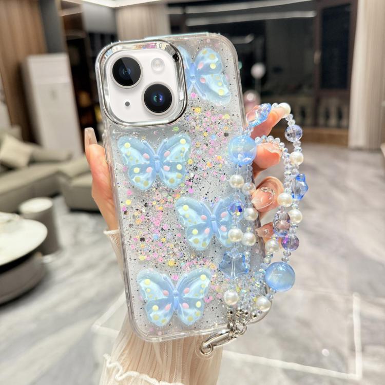 For iPhone 15 Plus Glitter 3D Color Butterfly Epoxy TPU Phone Case with Bracelet Chain