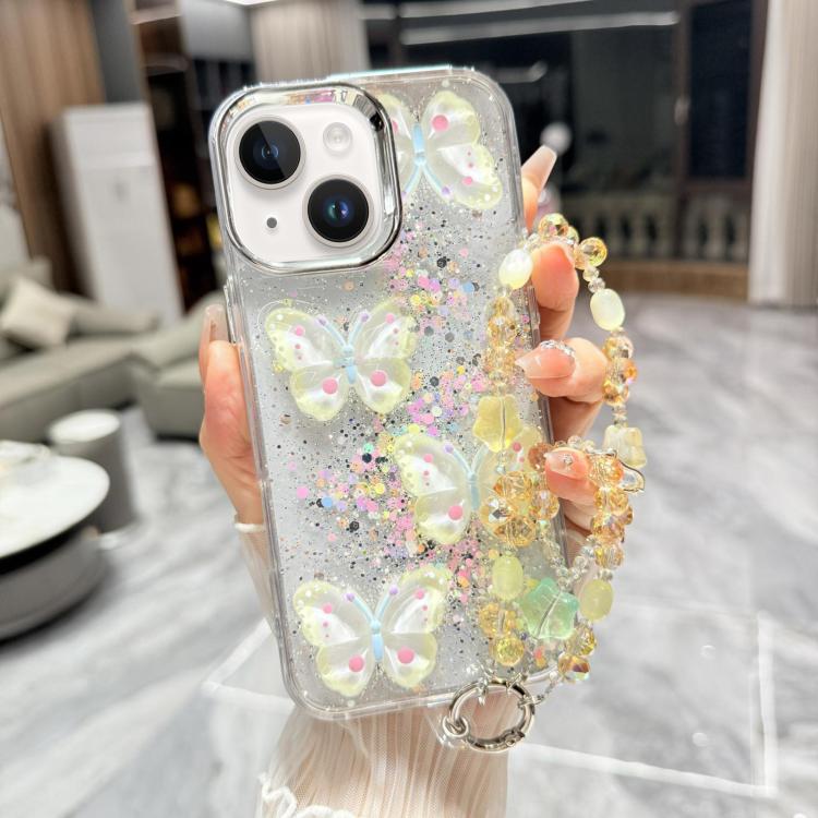 For iPhone 15 Plus Glitter 3D Color Butterfly Epoxy TPU Phone Case with Bracelet Chain