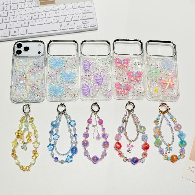 For iPhone Air Glitter 3D Color Butterfly Epoxy TPU Phone Case with Bracelet Chain