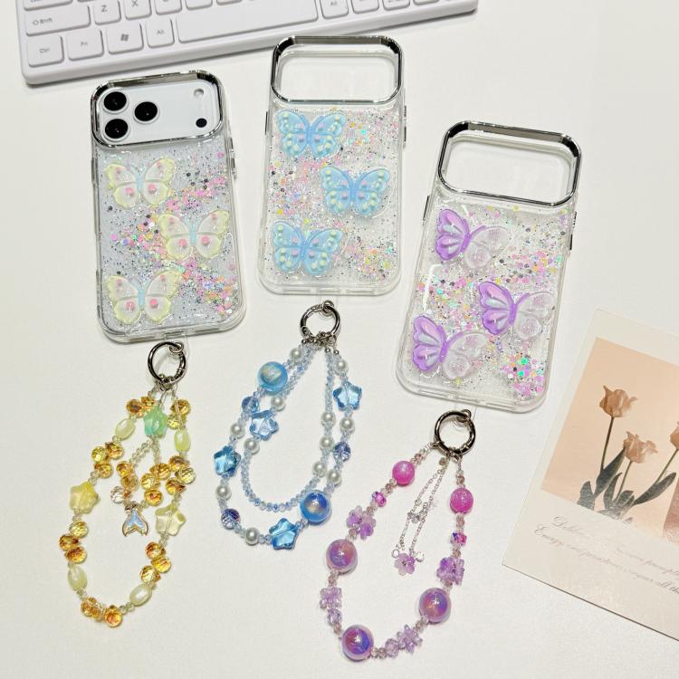 For iPhone 16 Pro Glitter 3D Color Butterfly Epoxy TPU Phone Case with Bracelet Chain