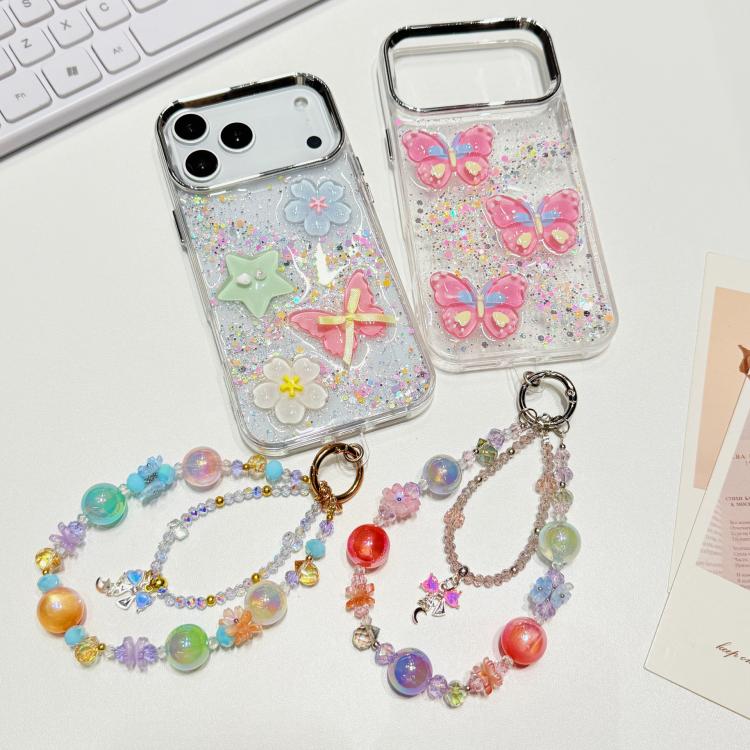For iPhone 16 Plus Glitter 3D Color Butterfly Epoxy TPU Phone Case with Bracelet Chain