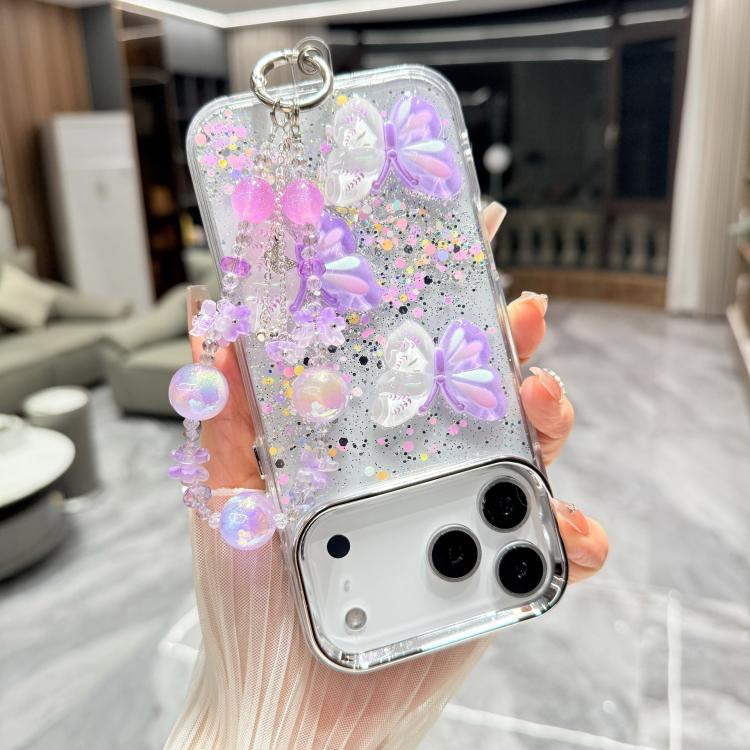 For iPhone 16 Pro Max Glitter 3D Color Butterfly Epoxy TPU Phone Case with Bracelet Chain