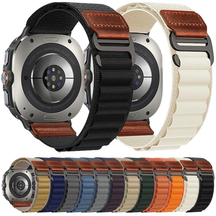 For Samsung Galaxy Watch Ultra 47mm / Ultra 2025 Retro Vegan Leather Label Alpine Nylon Loop Watch Band