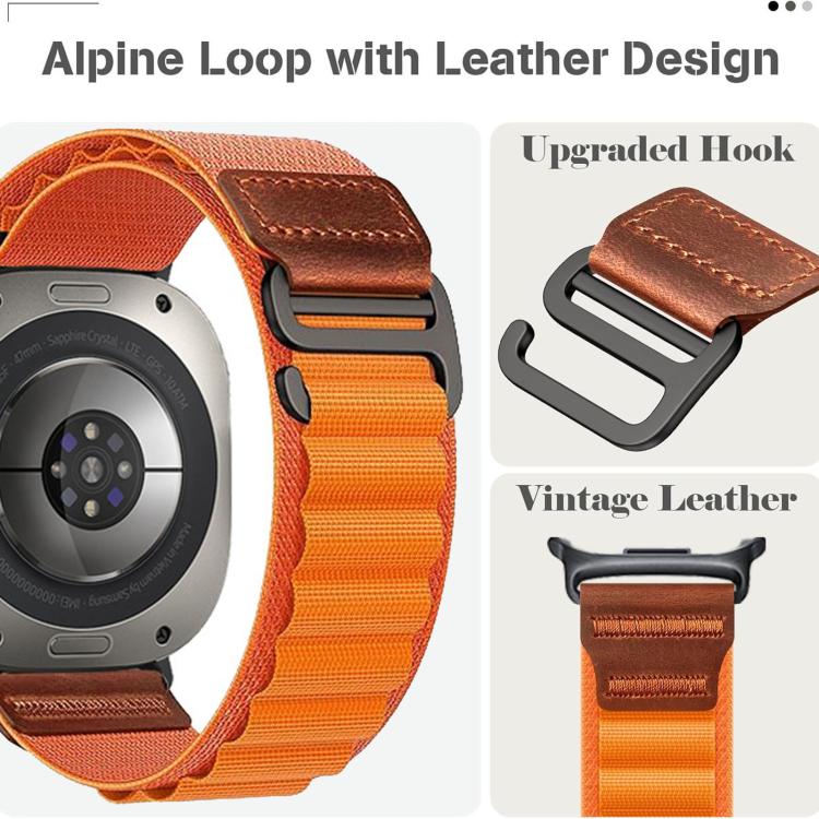 For Samsung Galaxy Watch Ultra 47mm / Ultra 2025 Retro Vegan Leather Label Alpine Nylon Loop Watch Band