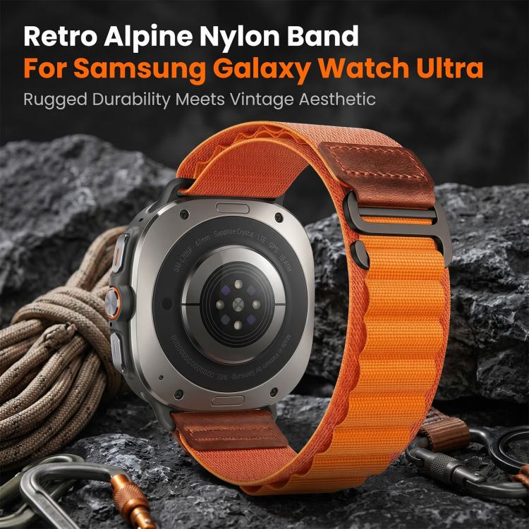 For Samsung Galaxy Watch Ultra 47mm / Ultra 2025 Retro Vegan Leather Label Alpine Nylon Loop Watch Band