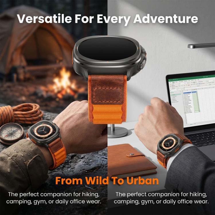 For Samsung Galaxy Watch8 / Watch8 Classic Retro Vegan Leather Label Alpine Nylon Loop Watch Band
