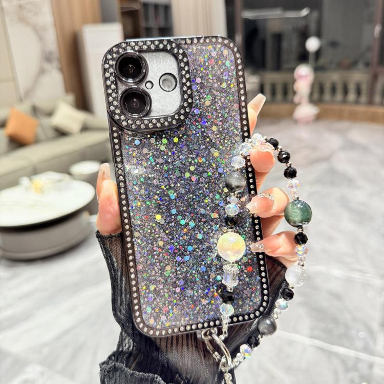 For iPhone 16 Plus Diamond Glitter Sequins TPU Phone Case with Bracelet Chain