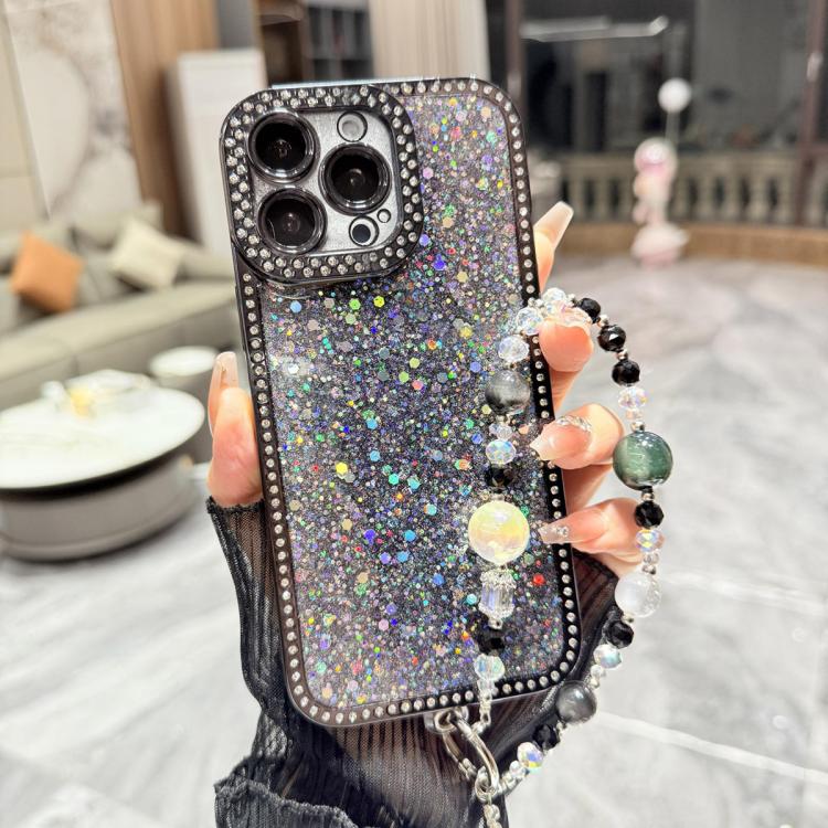 For iPhone 15 Pro Max Diamond Glitter Sequins TPU Phone Case with Bracelet Chain