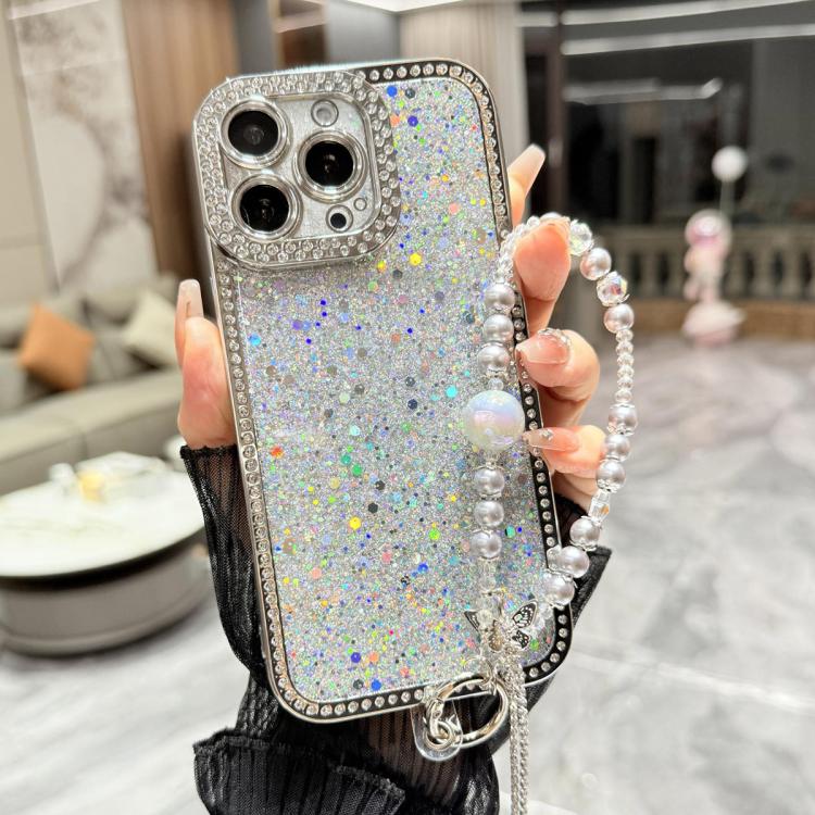 For iPhone 15 Pro Diamond Glitter Sequins TPU Phone Case with Bracelet Chain