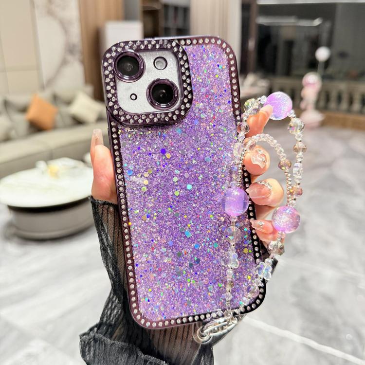 For iPhone 15 Plus Diamond Glitter Sequins TPU Phone Case with Bracelet Chain