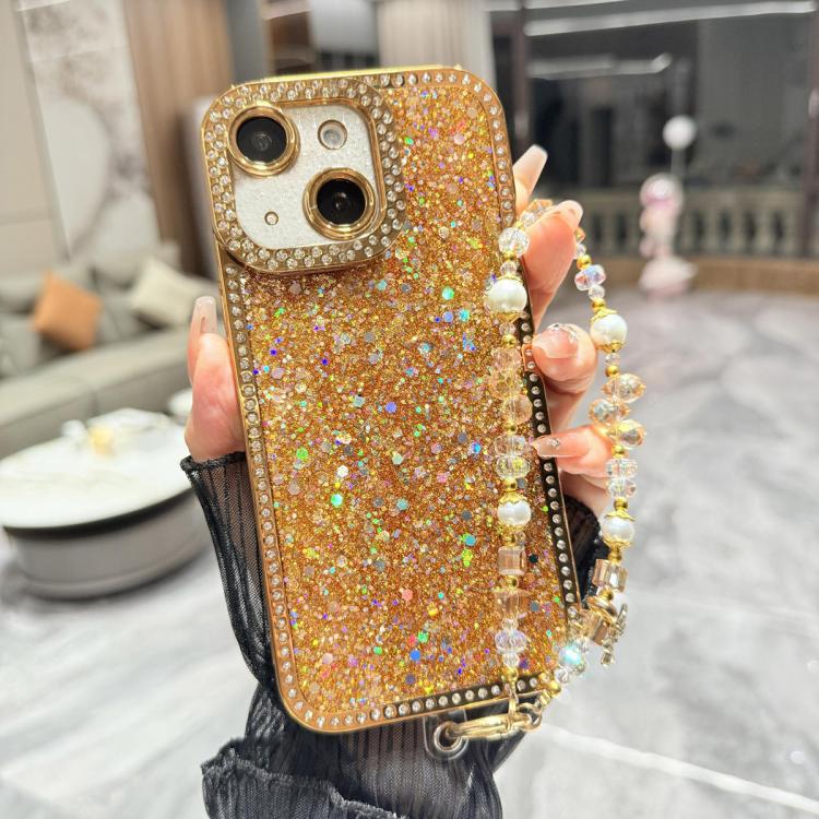 For iPhone 15 Plus Diamond Glitter Sequins TPU Phone Case with Bracelet Chain