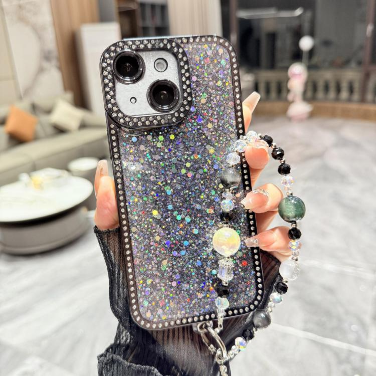 For iPhone 15 Diamond Glitter Sequins TPU Phone Case with Bracelet Chain