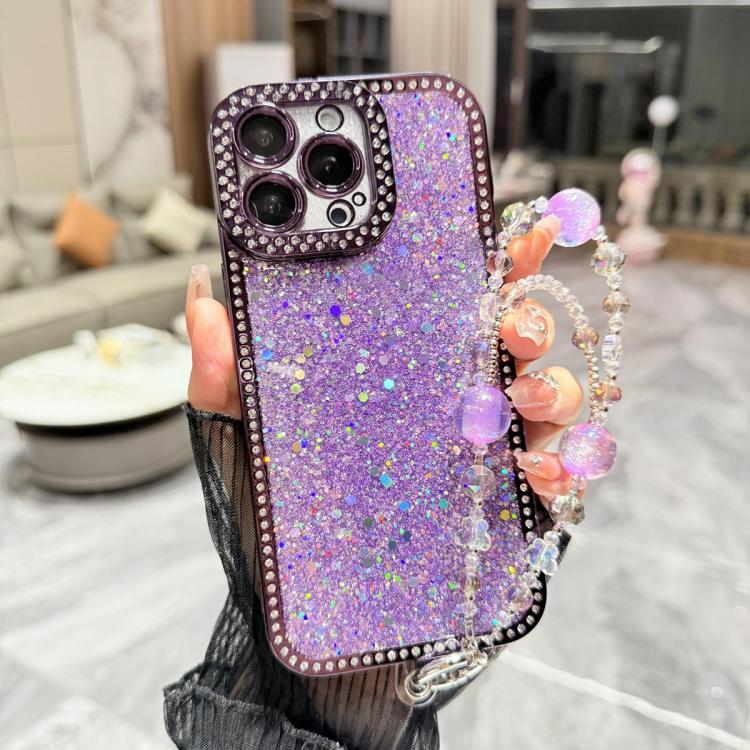 For iPhone 14 Pro Max Diamond Glitter Sequins TPU Phone Case with Bracelet Chain