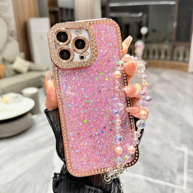 For iPhone 14 Pro Diamond Glitter Sequins TPU Phone Case with Bracelet Chain
