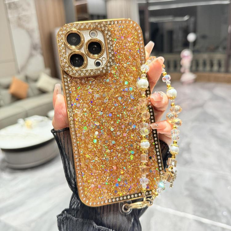 For iPhone 14 Pro Diamond Glitter Sequins TPU Phone Case with Bracelet Chain